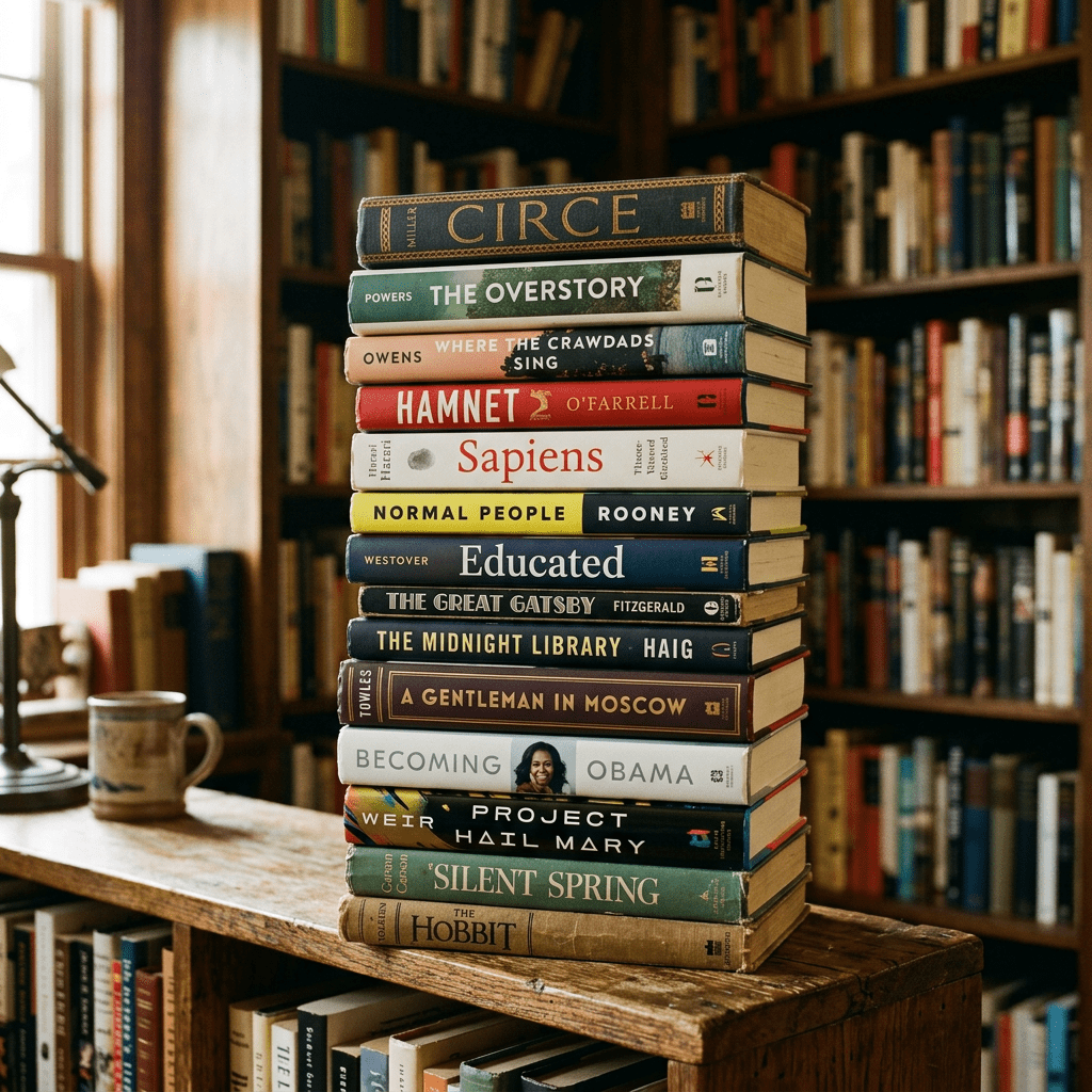 Stack of popular novels including Circe, The Overstory, Where the Crawdads Sing, Hamnet, Sapiens, Normal People, Educated, The Great Gatsby, The Midnight Library, A Gentleman in Moscow, Becoming, Project Hail Mary, Silent Spring, and The Hobbit